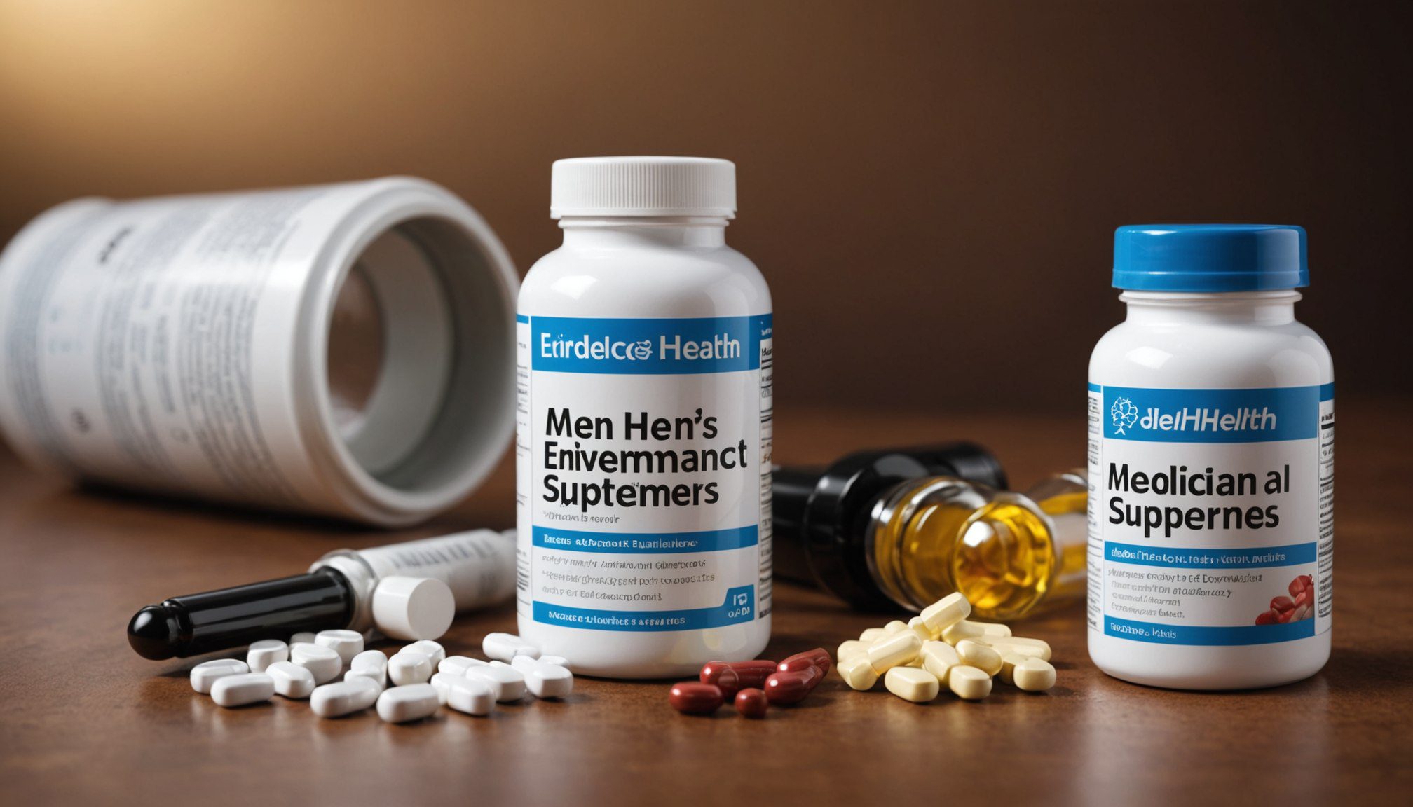 Illustration of men’s sexual health supplements with capsules, herbs, and medical icons representing hormones, blood flow, and wellness